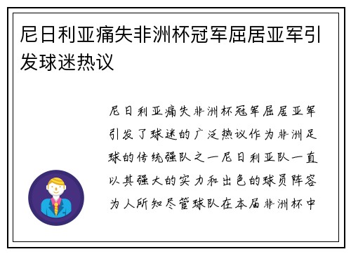 尼日利亚痛失非洲杯冠军屈居亚军引发球迷热议